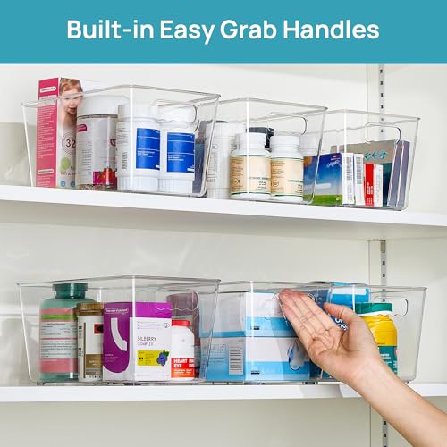 Vtopmart 6 Pack Clear Storage Bins, Pantry Cabinet Organizer Bins, Medium | Plastic Pantry Storage Bins with Handle, Storage Containers for Fridge, Cabinet, Kitchen, Countertops, Cupboard, Freezer - size: M(10"×6"×5")