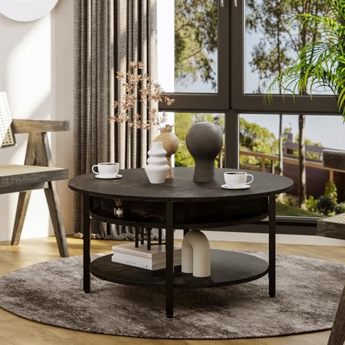 FABATO 26.77” Round Lift Top Coffee Table with Storage, Black Oak | Farmhouse Coffee Table, 2 Tier Small Round Center Table, Center Table for Living Room, Circle Dining Table - color: Black Oak