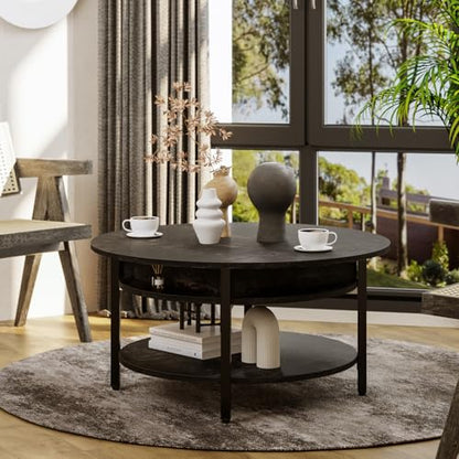 FABATO 26.77” Round Lift Top Coffee Table with Storage, Black Oak | Farmhouse Coffee Table, 2 Tier Small Round Center Table, Center Table for Living Room, Circle Dining Table - color: Black Oak