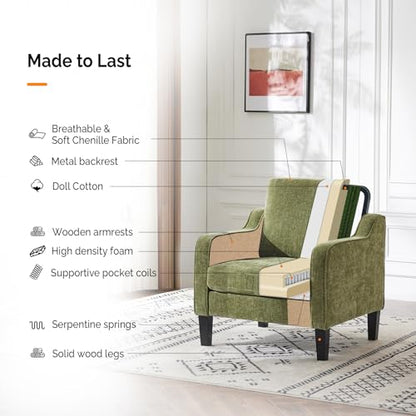 VINGLI Chair Olive Green Upholstered Chenille Accent Chair for Living Room, Bedroom, Mid-Century Modern Arm Chair Comfy Reading Chair with Scooped Arms - color: Olive Green