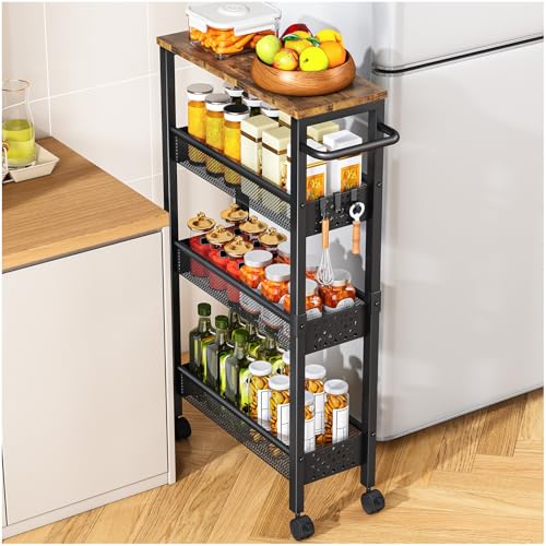 Vivihomety 4-Tier Slim Utility Rolling Laundry Cart with Wheels, Metal | Narrow 7.1" wide, Lockable wheels, wood top panel, metal frame, with handle, for laundry, bathroom, kitchen, black - color: Black, size: 7.1 inch wide