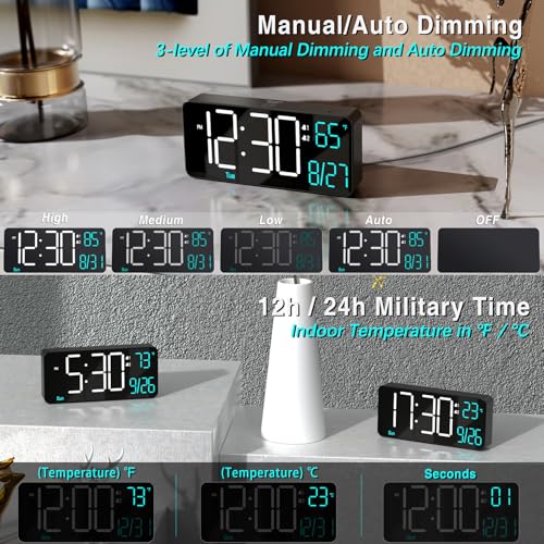 Alarm Clocks for Living Room, 6.7in Small Digital Clock for Bedroom, Auto Dimming,Date,Day of Week,Seconds or Indoor Temperature,Digital Alarm Clocks for Bedrooms,LED Desk Clock - color: Black (White + Blue Digits)