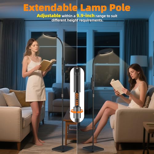 PACOVY 플로어 램프, 거실 침실용 높이 조절 가능한 플로어 램프, 120 LED 매우 밝은 스탠딩 램프 리모컨, 조도 조절 가능한 구즈넥 톨 스탠드 독서 램프, 사무실 공예용, 블랙-RGB - color: 블랙-RGB 조명