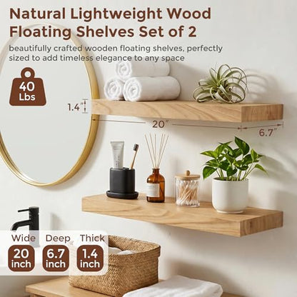 fuqing 20 Inch Floating Shelves 6.7'' Deep Natural Wood Shelves Set of 2 | 20'' x 6.7'' x 1.4'' Natural Wood Shelves for Bathroom Living Room, 35LBS, Lightweight, Hardware Included, Waterproof Finish - color: Natural, size: 20 Inch