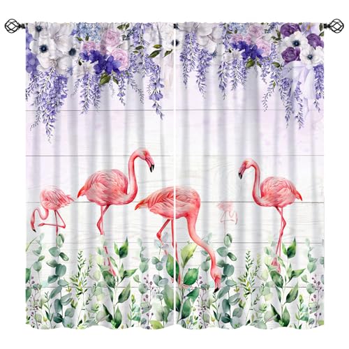 Summer Flamingo Curtain, Purple Violet Wisteria Rose Green Eucalyptus Leaf Window Drapes for Living Room Bedroom Home 42" W X 45" L(No Blackout) - color: Flamingo-7, size: 20.5"W x 45"L (Pack of 2)