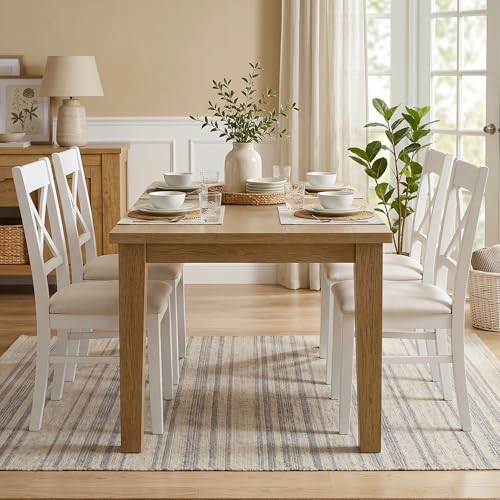 HOMCOM Dining Chairs Set of 2 Upholstered Kitchen Chairs Cross Back White | Rubberwood Frame, Padded Seat, for Living Room, Dining Room, Kitchen - color: White, style: Cross Back