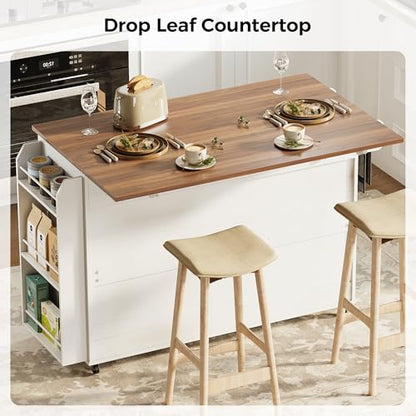 IRONCK Kitchen Island with Storage, Rolling Kitchen Island Cart with Drop Leaf Countertop and Pull-Out Shelf, Barn Doors, for Dining Room, Home Bar, White