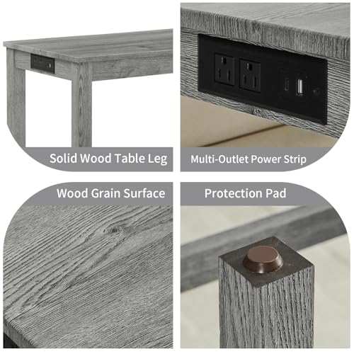 59" Industrial 4 Piece Bar Table Set with Built-in Power Outlet, Behind Couch Sofa Table with 3 Linen Upholstered Stools, Bar Table and Chairs Set for Living Room, Dining Room, Lounge, Gray - color: R2-gray