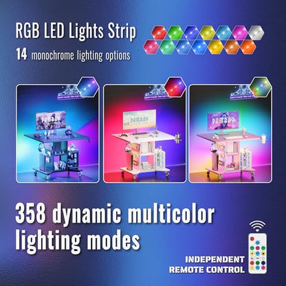Pamray Small Gaming Desk Rolling Computer Table White | Movable, with Led Lights Power Outlets, with Storage Pegboard and Hook, Sturdy, Suitable for Study Gaming Bedroom Dorm - color: White