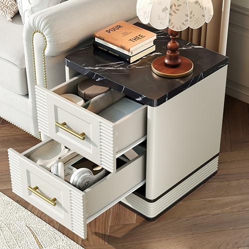 RECHHX Small Dresser for Bedroom, Farmhouse Marble-Effect Nightstand with 2 Drawer for Narrow Spaces, Thermoformed Curved End Table for Bedroom, Living Room, White
