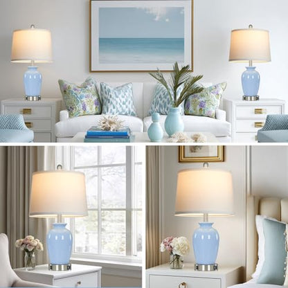 23" Light Blue Ceramic Table Lamp Set of 2 for Bedroom, Modern Bedside Lamps for Nightstand Living Room Office Dining Room SideTable - color: Light Blue