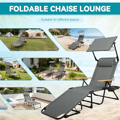 Beach Lounge Chair with Sun Shade, Folding Outdoor Chaise Lounge Chair with Arms, 4-Position Backrest, Extended Sun Tanning Chair Pillow & Cup Holder, Patio Lounger for Outside for Beach Pool(Gray-U) - color: Gray-u