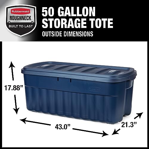 Rubbermaid Roughneck Tote 50 Gal, 2 Pack, Made in USA, Dark Indigo Metallic, Rugged Plastic Stackable Storage Bins with Lids and Handles - size: 50 Gal - 2 Pack