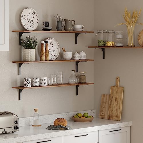 Long Wall Shelves, 47.3Inch Wooden Wall Mounted Shelves, Set of 2 | Large Floating Book Shelf, Metal Brackets, Easy Assembly, Max Load 33lbs, Wall Storage Ledges, Bedroom/Bathroom, Rustic Brown - color: Rustic Brown, size: 47.3 Inch