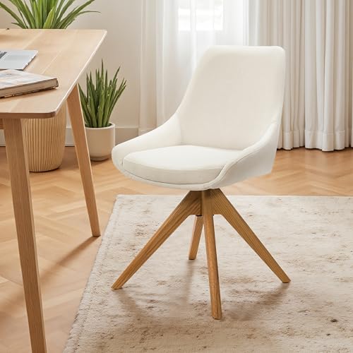 Swivel Desk Chair for Home Office, Oak Wood, Fabric, Off White | No Wheels Design, Solid Wood Legs, Mid Century Modern, Upholstered, 360° Swivel, Low Armrests, Living Room, Bedroom - color: Off White