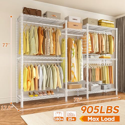 Raybee Clothes Rack,Clothing Racks for Hanging Clothes Heavy Duty,Adjustable Garment Rack with Shelves,rolling clothes rack Max Load 905LBS,75" W x 77" H x 17.8" D,White - color: White, size: 75" W x 17.8" D x 77" H