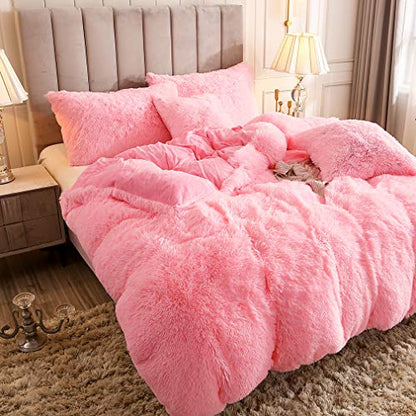 Faux Fur Velvet Fluffy Bedding Duvet Cover Set Down Comforter Quilt Cover with Pillow Sham, Ultra Soft Warm (Twin, Pink) - color: Pink, size: Twin