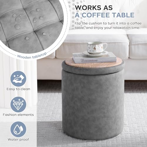 oakvivo 12.6" W x 14.17" H & 14.76" W x 17.32" H Storage Ottoman Foot Stool for Couch, Nesting Round Vanity Stools Padded Ottomen, Leather Set of 2 Footrest for Living Room,Grey - color: Grey