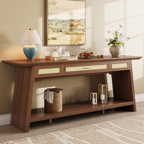 iPormis 70.9 Inches Rattan Entryway Table with Drawer, Narrow Long Console Table Behind Sofa, Wood Entry Accent Hallway Table for Living Room, Behind Couch, Entrance, Rustic Brown - color: Rustic Brown