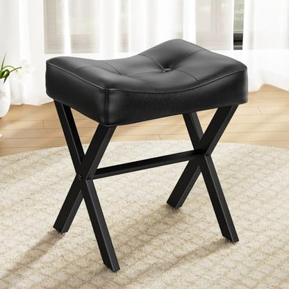 18-Inch Leather Vanity Stool Chair, Black | Vanity Bench, Metal X-Leg, Ottoman Accent Stool, Thick Padded Saddle Seat, 300 LBS, 16.3"x12.4"x18", For Living Room, Bedroom - size: Small, style: Black Leather