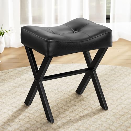 18-Inch Leather Vanity Stool Chair, Black | Vanity Bench, Metal X-Leg, Ottoman Accent Stool, Thick Padded Saddle Seat, 300 LBS, 16.3"x12.4"x18", For Living Room, Bedroom - size: Small, style: Black Leather