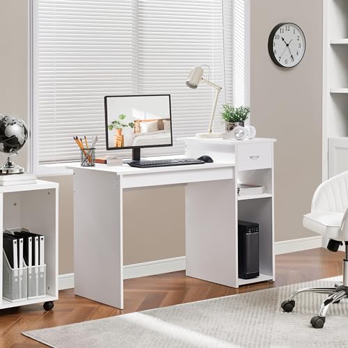 Yaheetech White Computer Desk and Chair Set with Drawer, Shelves, Mesh Seat | Particle Board and MDF Build a Sturdy Desk with a Drawer and Elevated Platform, Paired with a Mesh Chair for Adults. - color: White