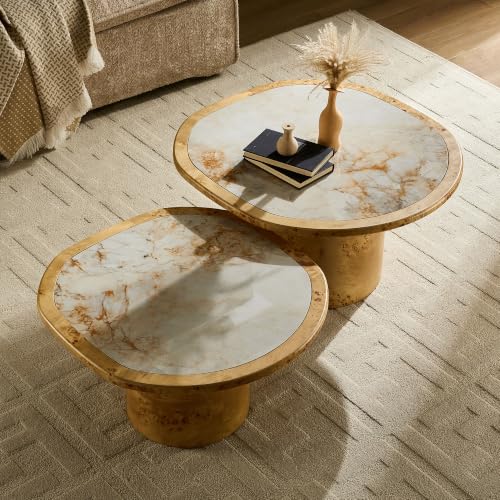 Nesting Coffee Table Set of 2 with Sintered Tabletop, Natural | 29.13" & 23.38" Modern Irregular Kitchen Table, Burl Wood Veneer, Sturdy MDF Pedestal Base for living Room, Easy Assembly - color: 29.13" & 23.38", Natural
