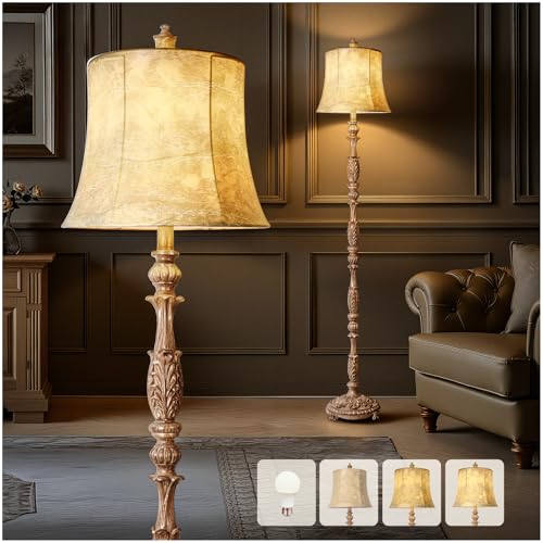 Scenekoy Vintage 66” Tall Floor Lamp for Living Room Bedroom | Resin Carved Standing Lamp with Faux Leather Shade, Adjustable Bulb, Rotary Switch Rustic Lamp for Home Decor (Light Brown) - color: Light Brown2