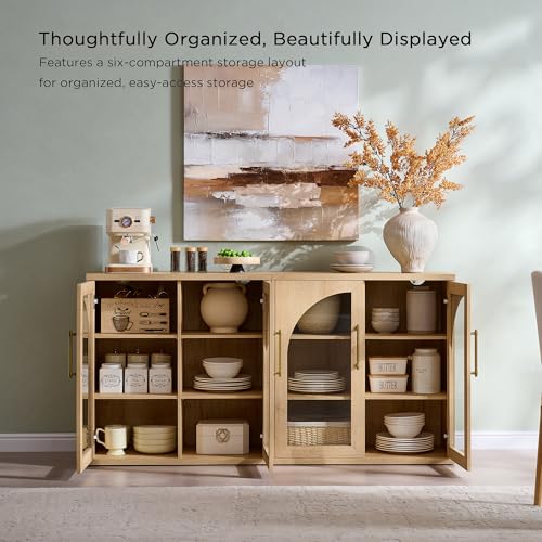 Glass Arched Door Sideboard Buffet Cabinet Set of 2, Natural Oak | Modular, Multi-Compartment Storage, Adjustable Shelf, Soft Close Hinges, Freestanding, for Dining Room, Living Room - color: Natural Oak
