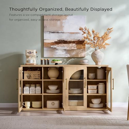 Glass Arched Door Sideboard Buffet Cabinet Set of 2, Natural Oak | Modular, Multi-Compartment Storage, Adjustable Shelf, Soft Close Hinges, Freestanding, for Dining Room, Living Room - color: Natural Oak