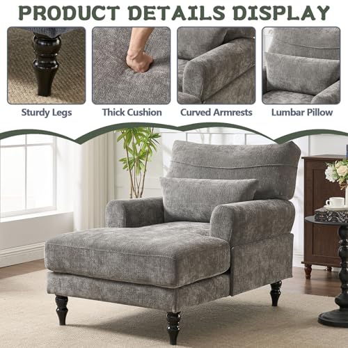 Chaise Lounge Chair Indoor Bedroom, Comfy Lounge Chair with Wide Armrest & Backrest for Small Space, Thick Cushion, High-Density Foam, Waist Pillow, Chenille (Grey) - color: Grey