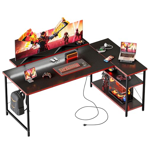 55 in L Shaped Gaming Desk, Large Corner Desk with Monitor Stand | Reversible Computer Desk with Power Outlets, LED Light & Storage Shelves, Office Table for Home Bedroom Study Work Writing - color: Carbon Fiber, size: 55 inch