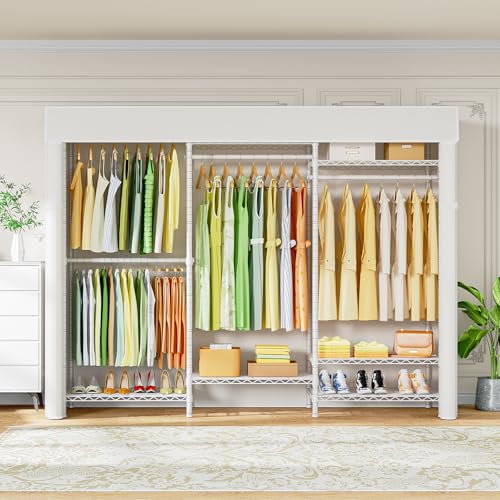 E13C Heavy Duty Closet Organizer System，Freestanding Clothing Racks for Hanging Clothes，Adjustable Garment Rack 63" W x 16" D x 77" H Hold 960 lbs，White Clothing Rack with White Dustproof Cover - color: White Rack with White Cover, size: E13C