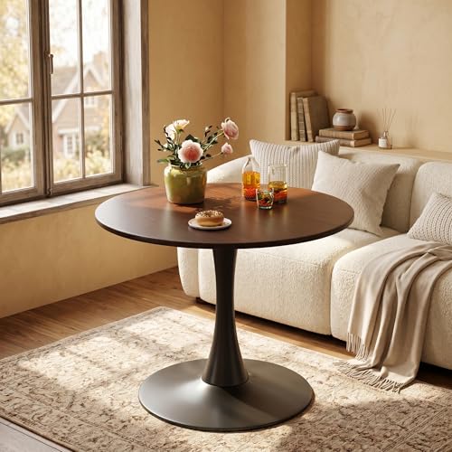 24" Walnut Round Dining Table, Mid Century Modern Pedestal Table | Small Kitchen Table for Apartment, Studio, Office & Breakfast Nook, Modern Coffee Table for Living Room, Walnut & Black - color: Walnut & Black, size: 24 Inch
