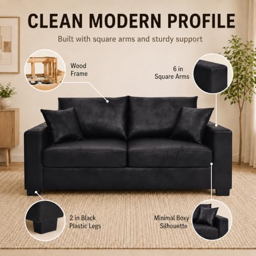 69'' Loveseat Sofa,Modern Fabric 2-Seater Sofa with 2 Pillows(Black) | Small Couches for Living Room, Office,Apartment, Small Spaces,21 in Deep Seat - color: Black