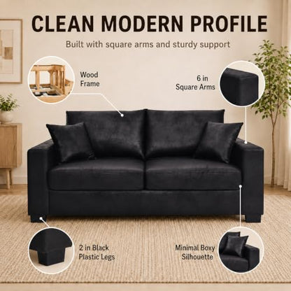 69'' Loveseat Sofa,Modern Fabric 2-Seater Sofa with 2 Pillows(Black) | Small Couches for Living Room, Office,Apartment, Small Spaces,21 in Deep Seat - color: Black