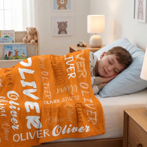 Personalized Blanket with Name, Custom Name Blanket Gifts for Kids Adults Boys Girls Teen, Soft Customized Fleece Flannel Throw for Bedroom Living Room, Birthday Christmas - color: Orange