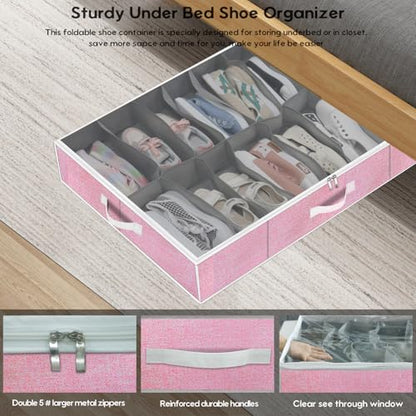Onlyeasy Large Under Bed Shoe Organizer Container Box, Set of 2, Fit 16 to 32 Pairs of shoes, Underbed Shoes Closet Storage Solution, L37.7x W23.6x H5.9 inch, Cotton-like Pink, MXPUBS16P2 - color: 2 Shoes (16+16 Cells) Cotton-like Pink