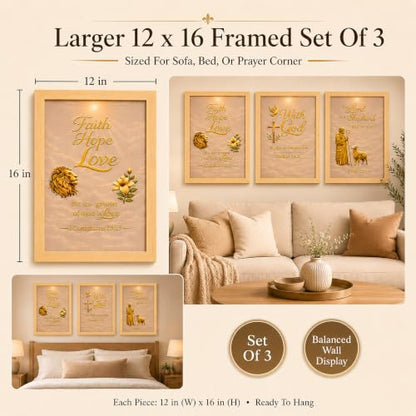 Framed Christian Wall Art Set of 3, 12x16 Bible Verse Wall Decor | Raised 3D Scripture With Gold-Tone Embossed Details, Psalm 23 Faith Hope Love Religious Wall Art For Living Room Prayer Room
