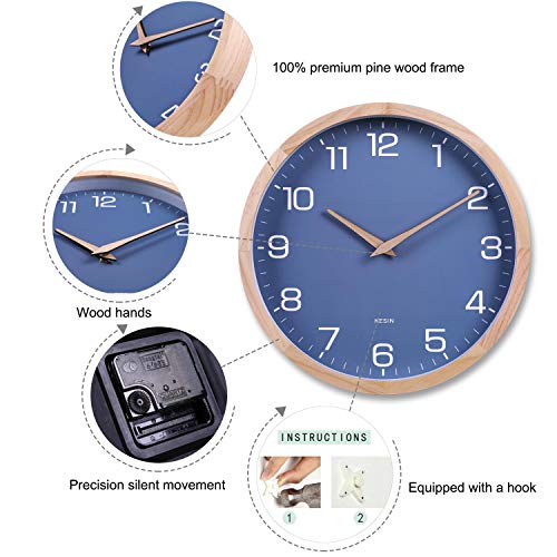 Kesin Wall Clock 12 Inch Silent Non Ticking Wood Wall Clocks Modern Simple | Battery Operated - Wooden Blue Clock Decorative for Kitchen,Living Room,Bedroom,Kid’s Room