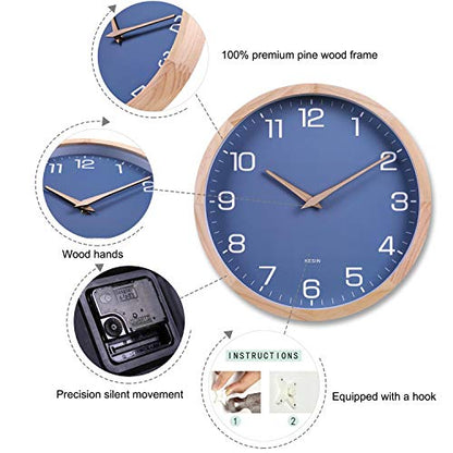 Kesin Wall Clock 12 Inch Silent Non Ticking Wood Wall Clocks Modern Simple | Battery Operated - Wooden Blue Clock Decorative for Kitchen,Living Room,Bedroom,Kid’s Room