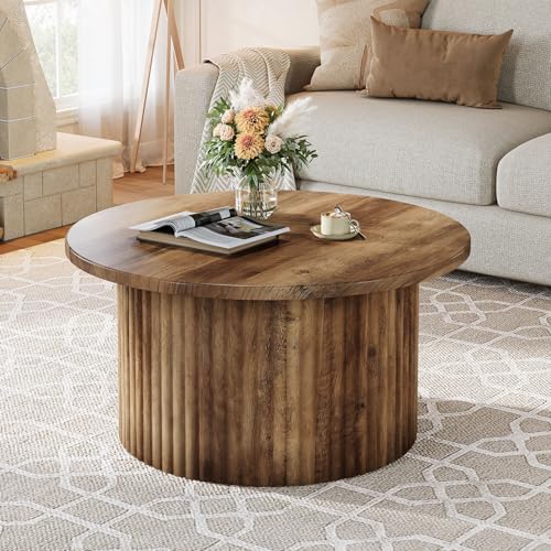 Tribesigns Round Coffee Table, 31.5" Farmhouse Circle Center Table with Fluted Drum Base & Wooden Grain Veneer Top, Modern Wooden Accent Cocktail Table for Small Space, Living Room, Apartment