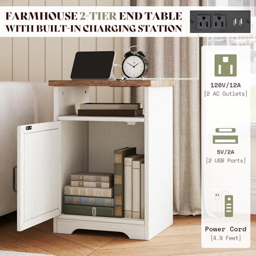 AMERLIFE 3 Piece Farmhouse Living Room Coffee Table Set, Distressed White | Coffee Table & 2 End Tables with Charging Station and USB Ports, Farmhouse Style, Barn Door Design, Living Room Furniture - color: Distressed White