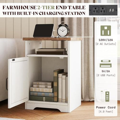 AMERLIFE 3 Piece Farmhouse Living Room Coffee Table Set, Distressed White | Coffee Table & 2 End Tables with Charging Station and USB Ports, Farmhouse Style, Barn Door Design, Living Room Furniture - color: Distressed White