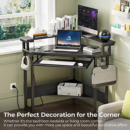 Rolanstar Corner Desk,44" W x 34" H Small Computer Desk with Power Outlets, Gaming Desk with LED Lights, Triangle Corner Table with Keyboard Tray & Monitor Stand for Small Space, Black