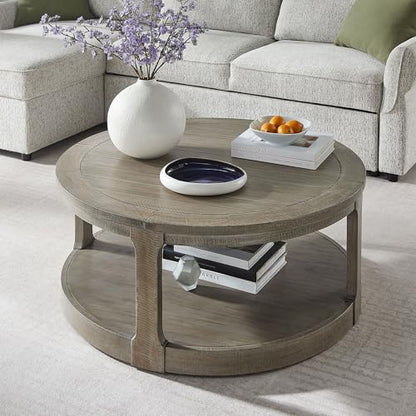 40" Round Coffee Table with Wheels, Circle 2 Tier Solid Wood Center Coffee Table, Mid Century Retro Farmhouse Rounded End Table for Living Room Apartment, ø40 x 17.52" H (Light Brown) - color: D-40" Light Brown