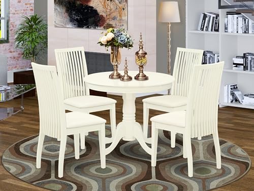 East West Furniture ANIP5-LWH-C 5 Piece Kitchen Table & Chairs Set Includes a Round Dining Room Table with Pedestal and 4 Linen Fabric Upholstered Chairs, 36x36 Inch, Linen White - color: Anip5-lwh-c