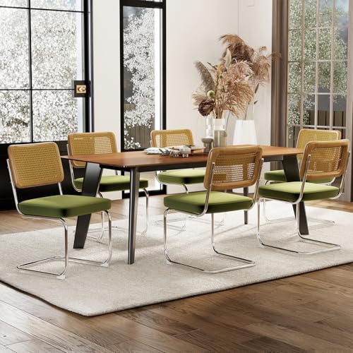 Rattan Dining Chairs Set of 6,Velvet Cesca Chair Kitchen Chair,Olive Green | VICBARLEY Mid Century Modern Dining Chairs,Wood Cane Backrest&Chrome Base,Upholstered Side Chair for Dining Room,Kitchen - color: Olive Green, size: Set of 6