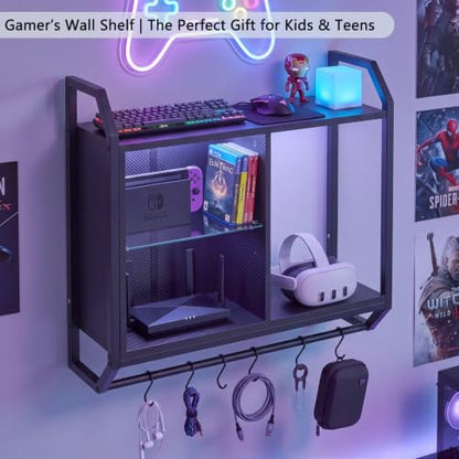 Gaming Floating Wall Shelves with LED Lights, Wall Mounted Shelf | 24" Shelf with Adjustable Glass Bar & 6 Hooks, Gaming Wall Shelf for Bedroom Gaming Room Living Room Office