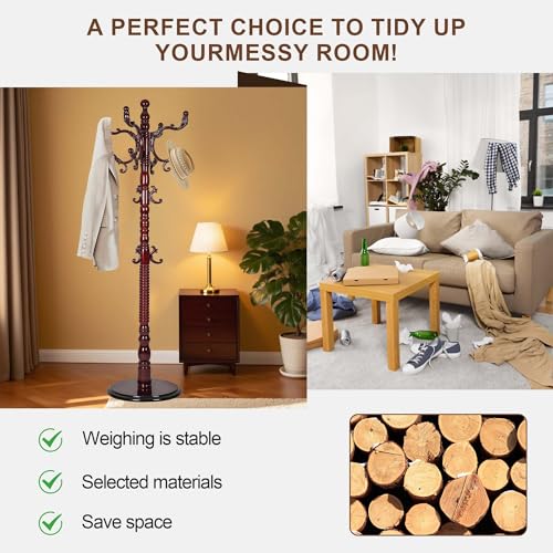 Wooden Coat Rack Freestanding with 18 Hooks, Adjustable Height Coat Tree Free Standing Heavy Duty for Entryway, Easy Assembly Solid Wood Sturdy Coat Hats Hanger Stand for Office Hallway Bedroom - color: Redwood-Resin Hook